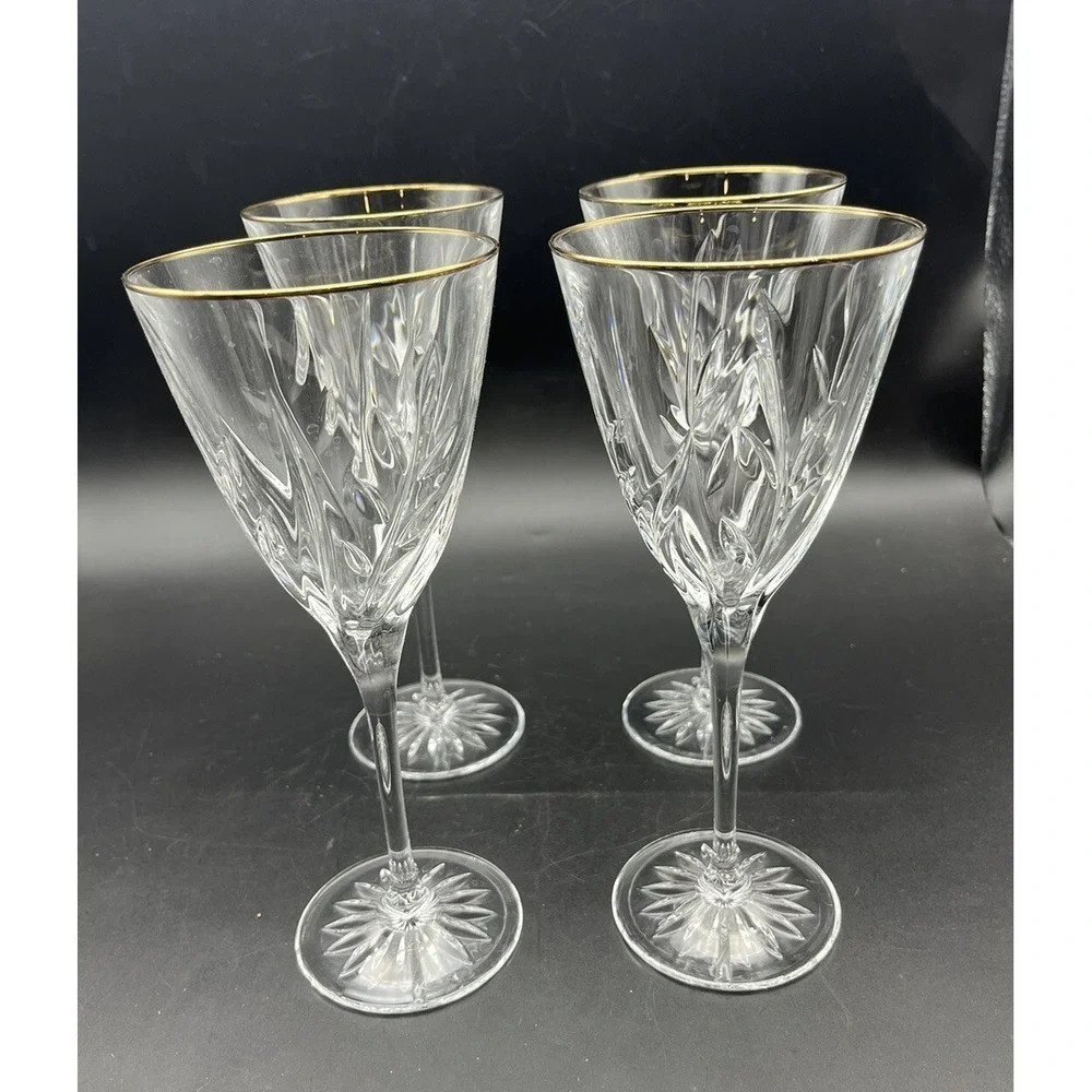 4 Vintage Mikasa Dune Grass Crystal Wine Glasses Stems w Gold Rim 8.5